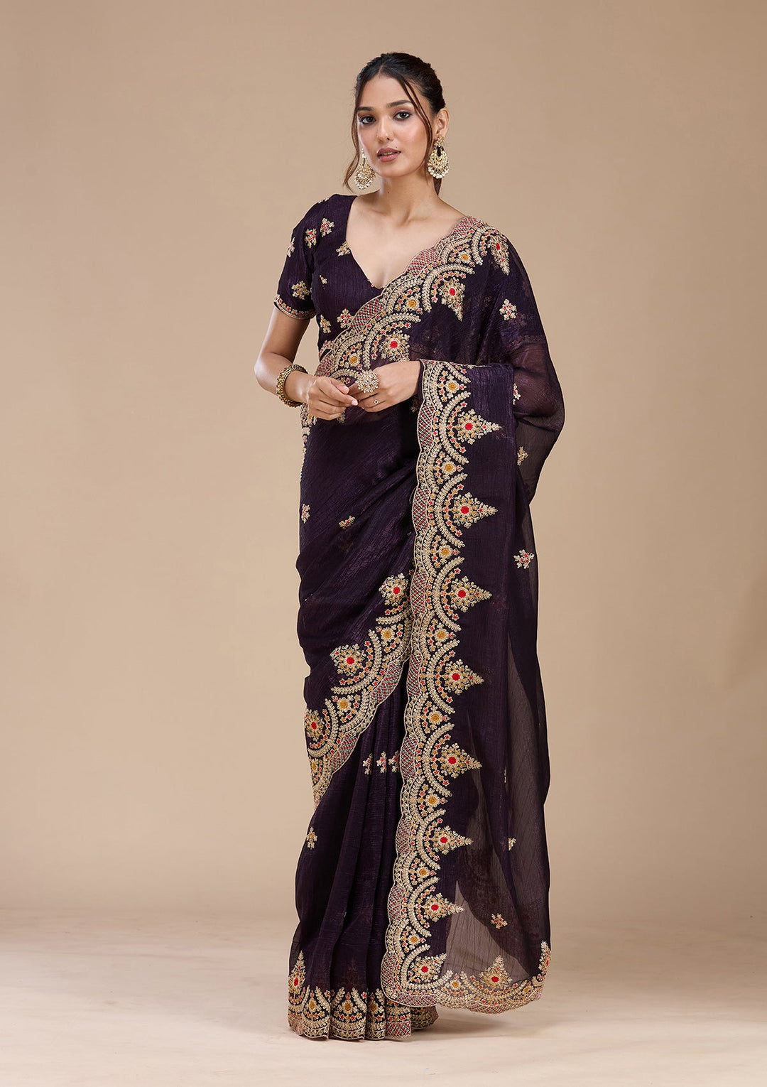 Purple Cording Georgette Saree_koskii