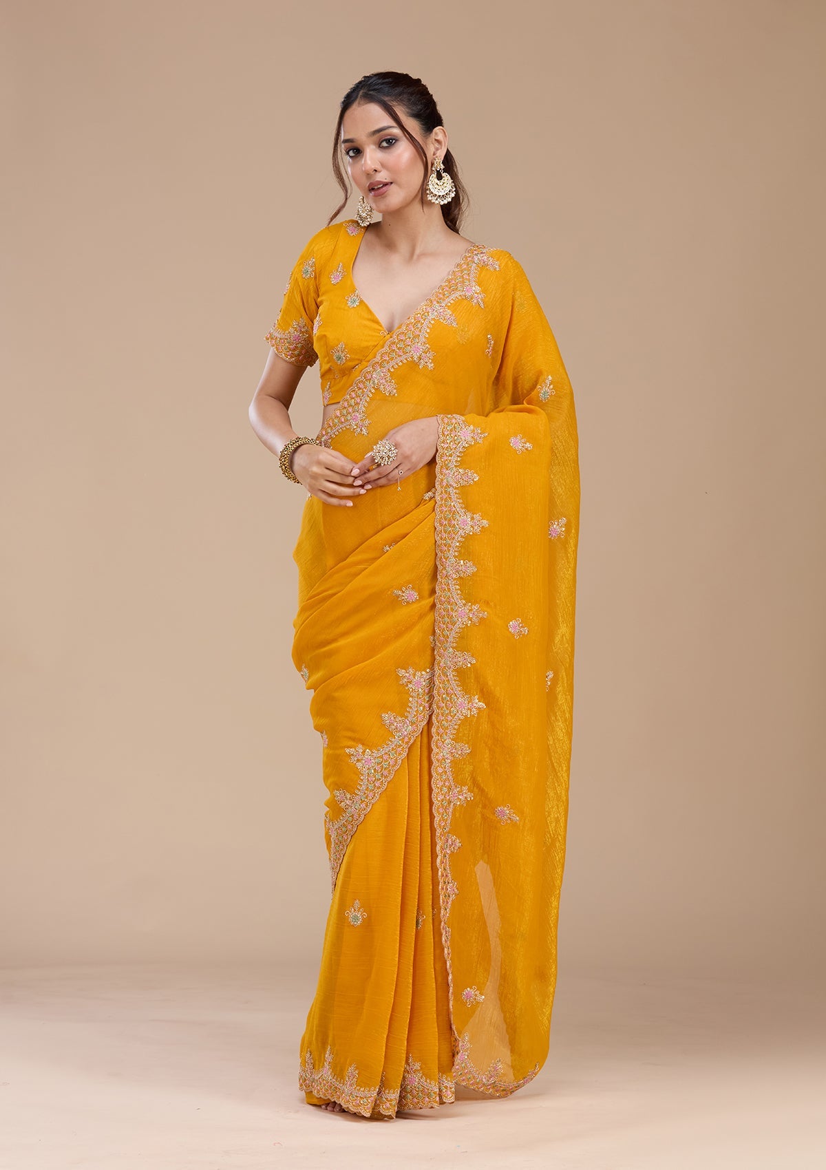 Mustard Cording Tissue Saree-koskii