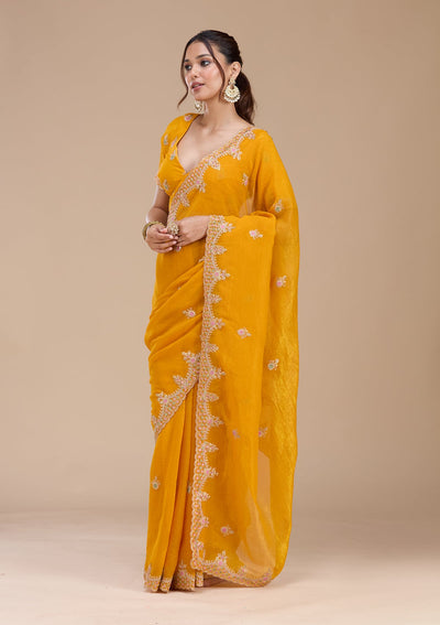 Mustard Cording Tissue Saree-koskii