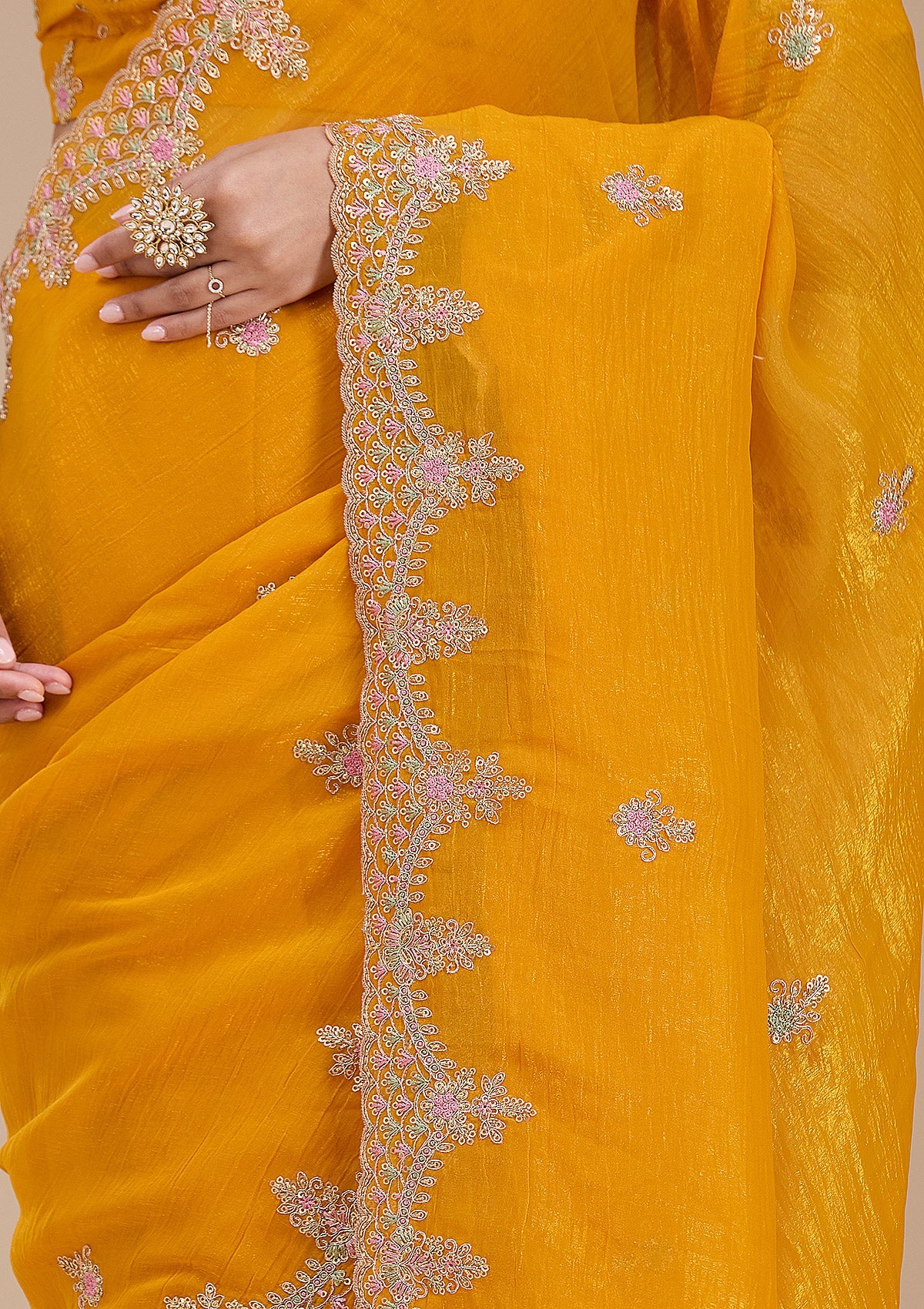 Mustard Cording Tissue Saree-koskii