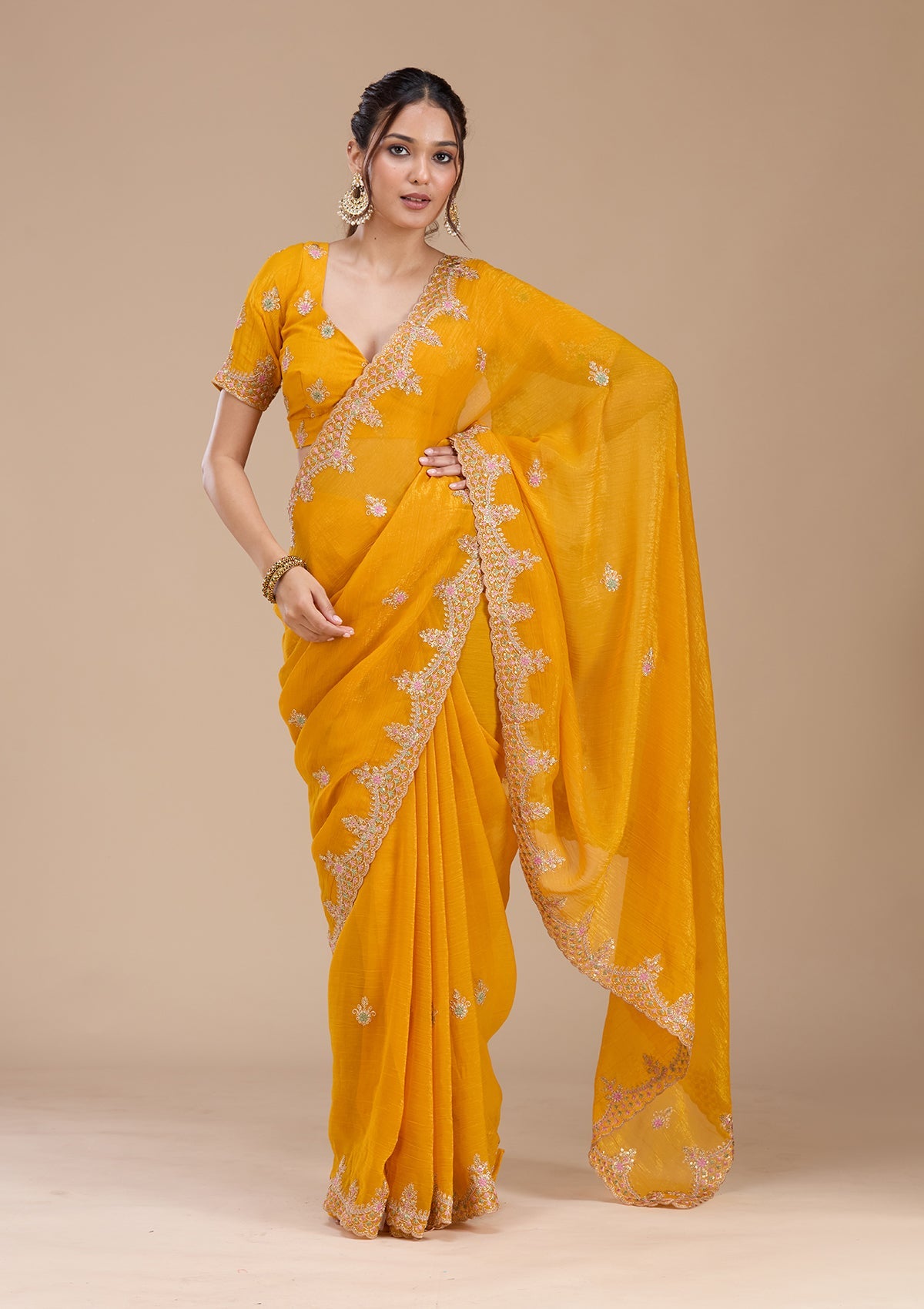 Mustard Cording Tissue Saree-koskii