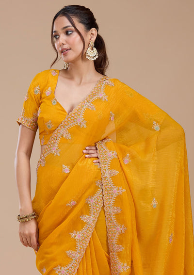 Mustard Cording Tissue Saree-koskii