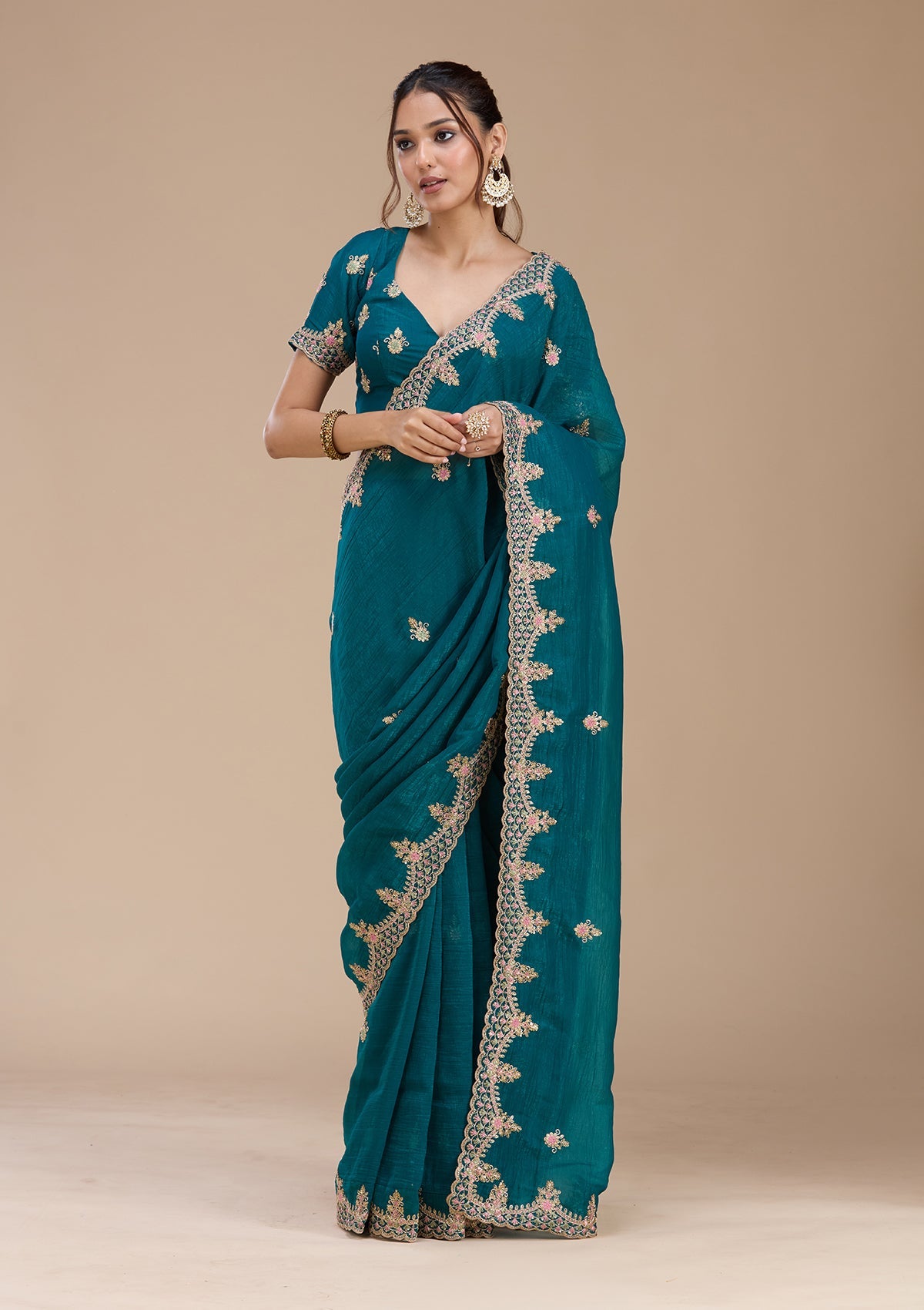 Teal Green Cording Tissue Saree-koskii