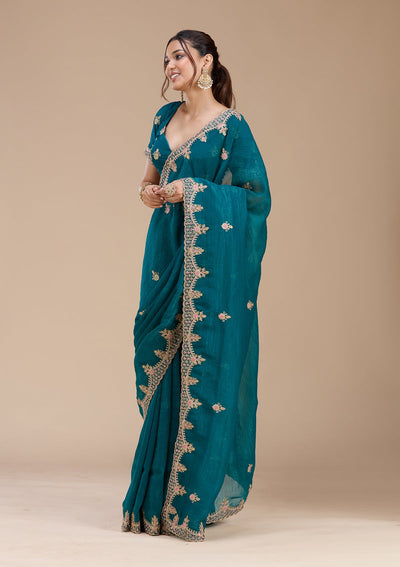 Teal Green Cording Tissue Saree-koskii