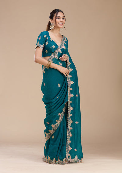 Teal Green Cording Tissue Saree-koskii