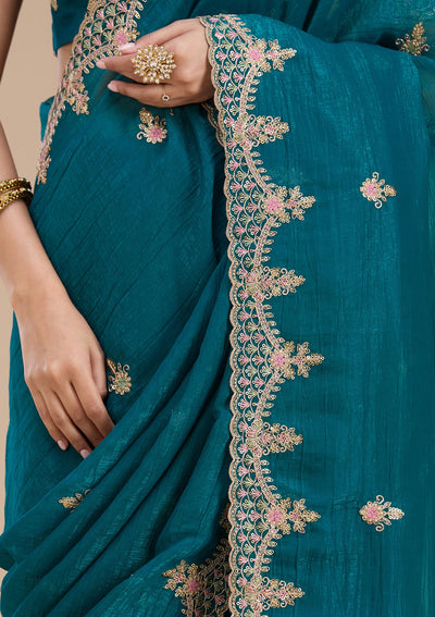 Teal Green Cording Tissue Saree-koskii