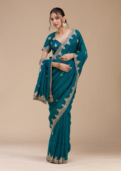 Teal Green Cording Tissue Saree-koskii