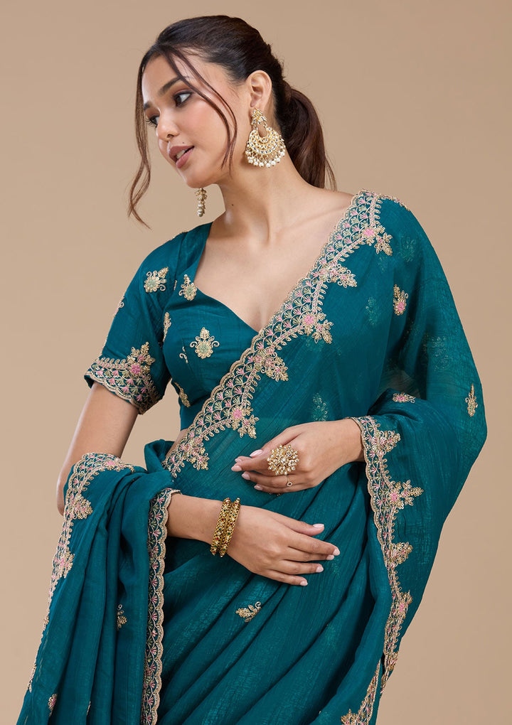 Teal Green Cording Tissue Saree_koskii