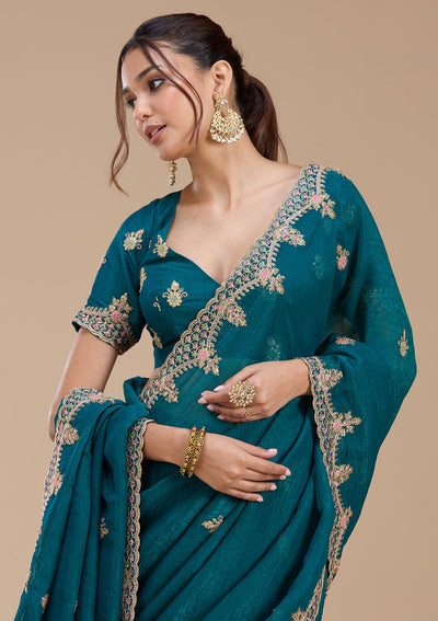 Teal Green Cording Tissue Saree-koskii