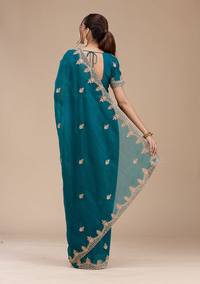 Teal Green Cording Tissue Saree-koskii