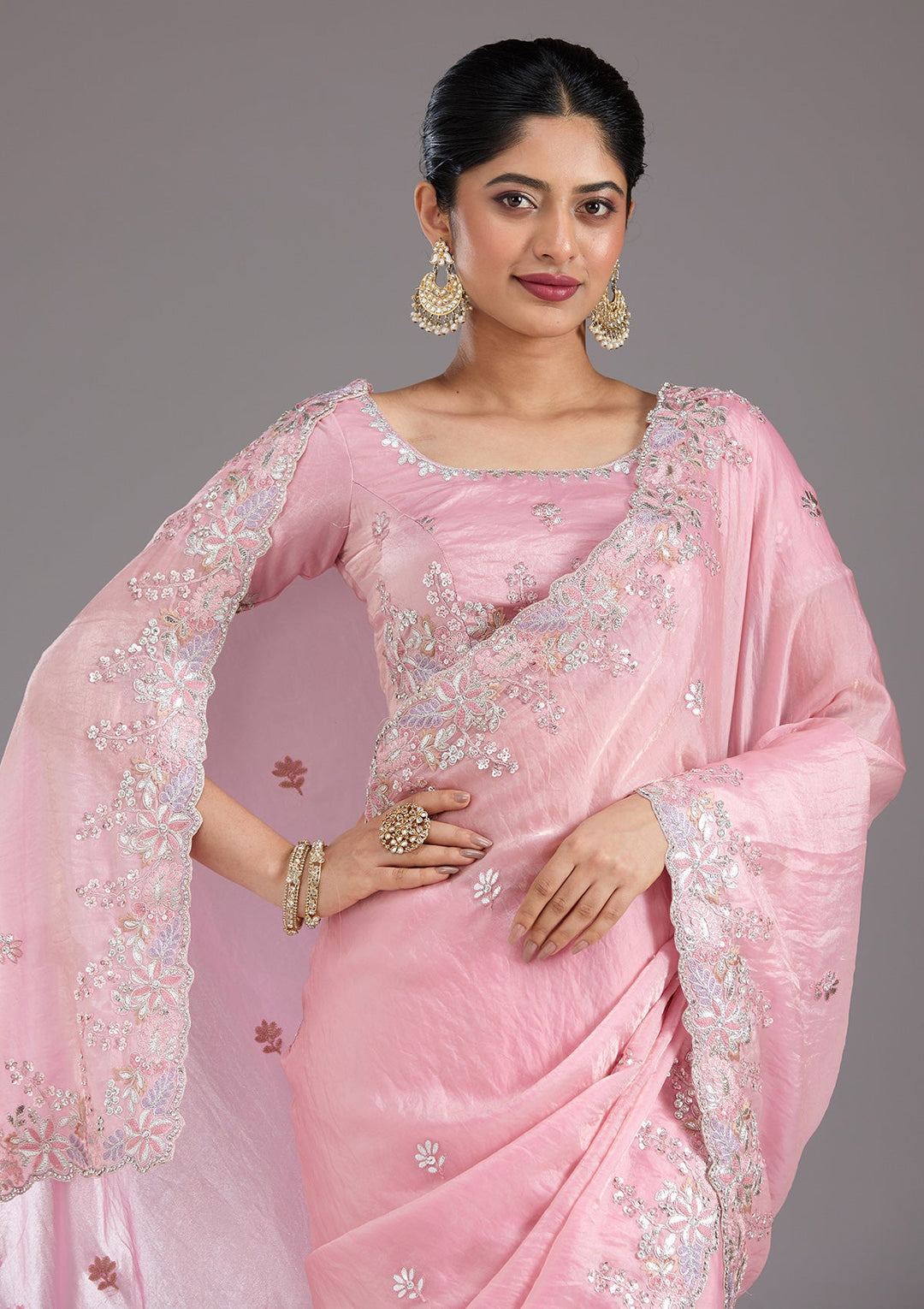 Baby Pink Gotapatti Satin Saree_koskii