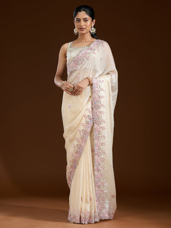 Cream Gotapatti Satin Saree-Koskii