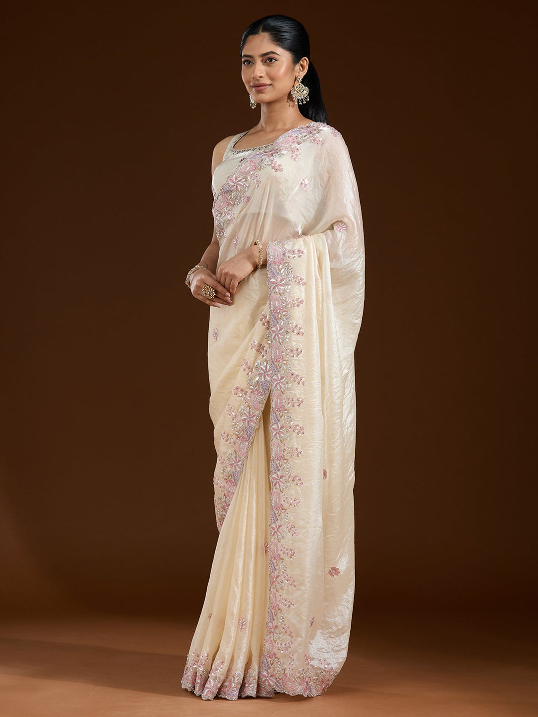 Cream Gotapatti Satin Saree-Koskii