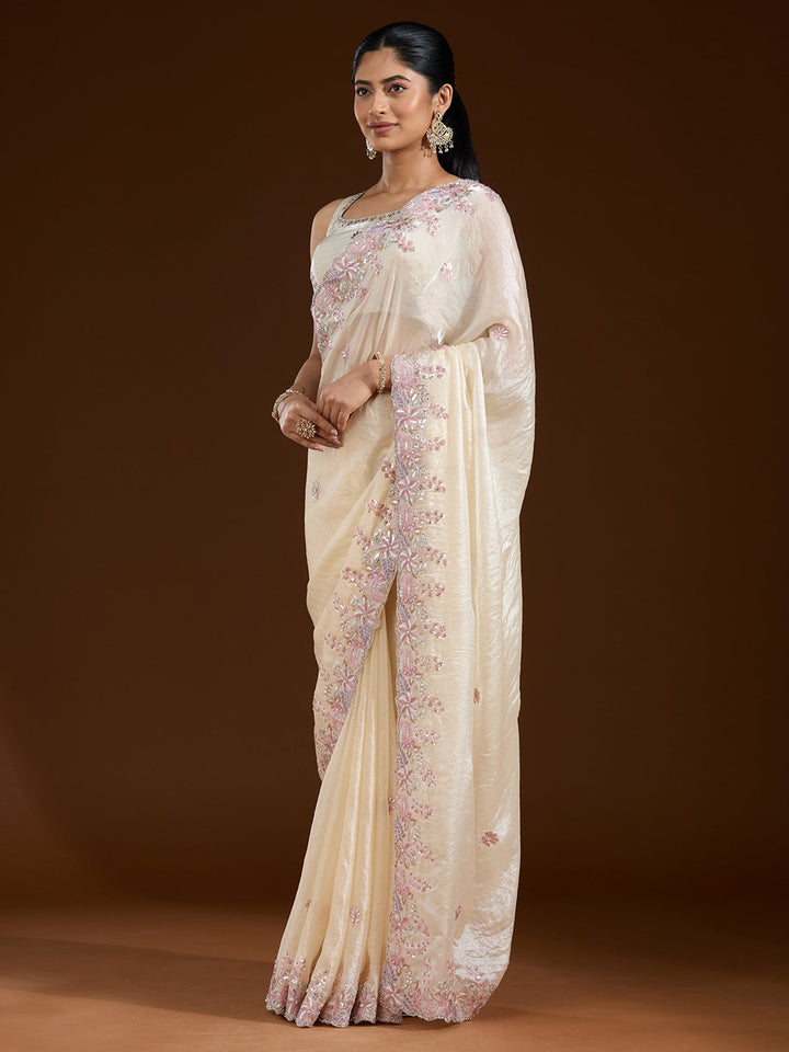Cream Gotapatti Satin Saree-Koskii