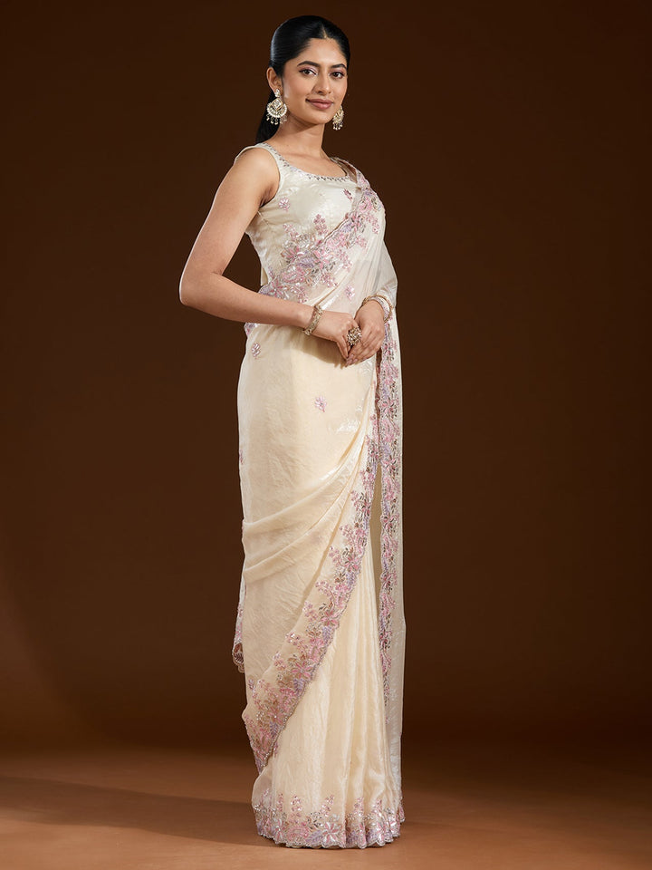 Cream Gotapatti Satin Saree-Koskii