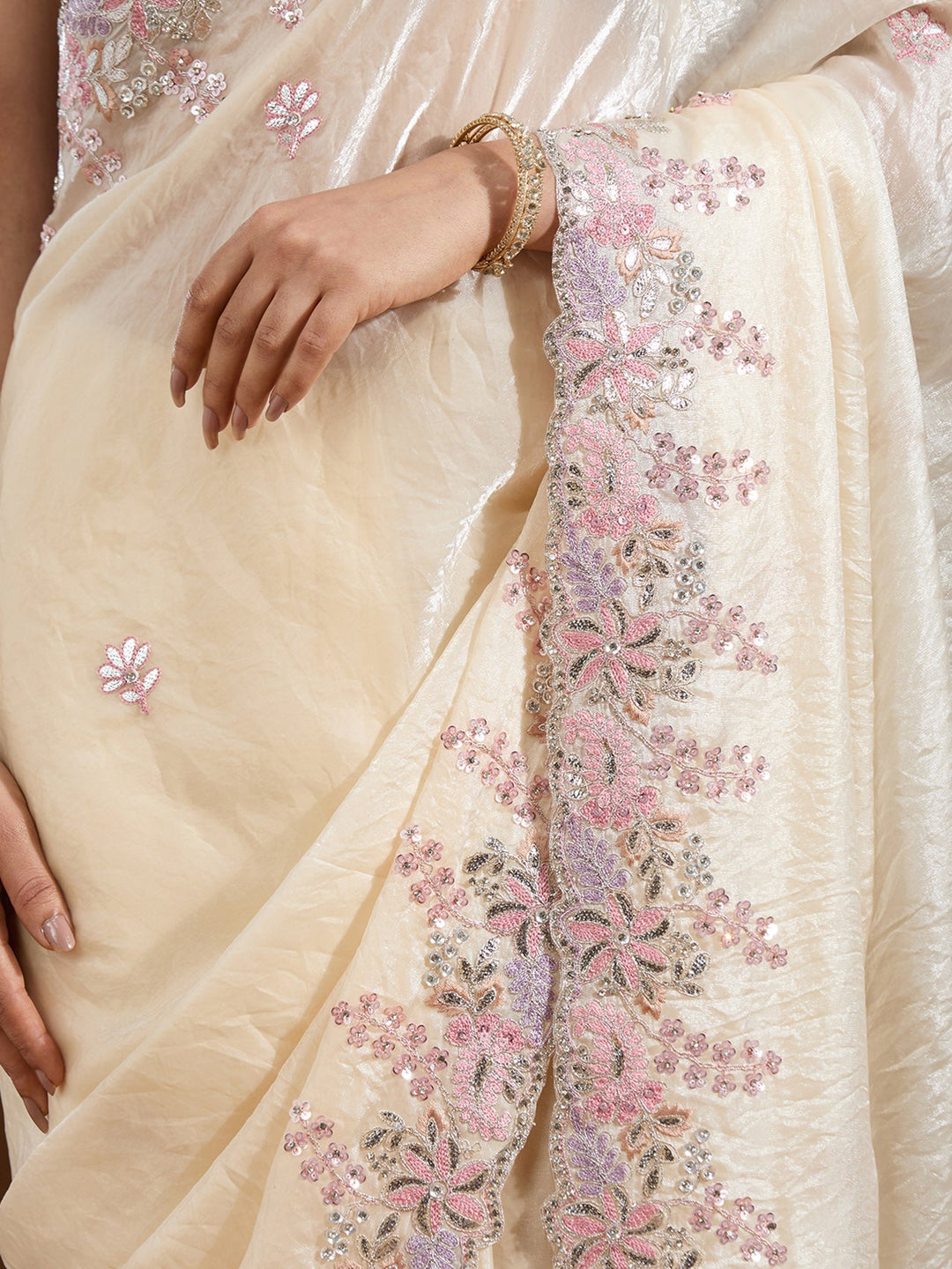 Cream Gotapatti Satin Saree-Koskii