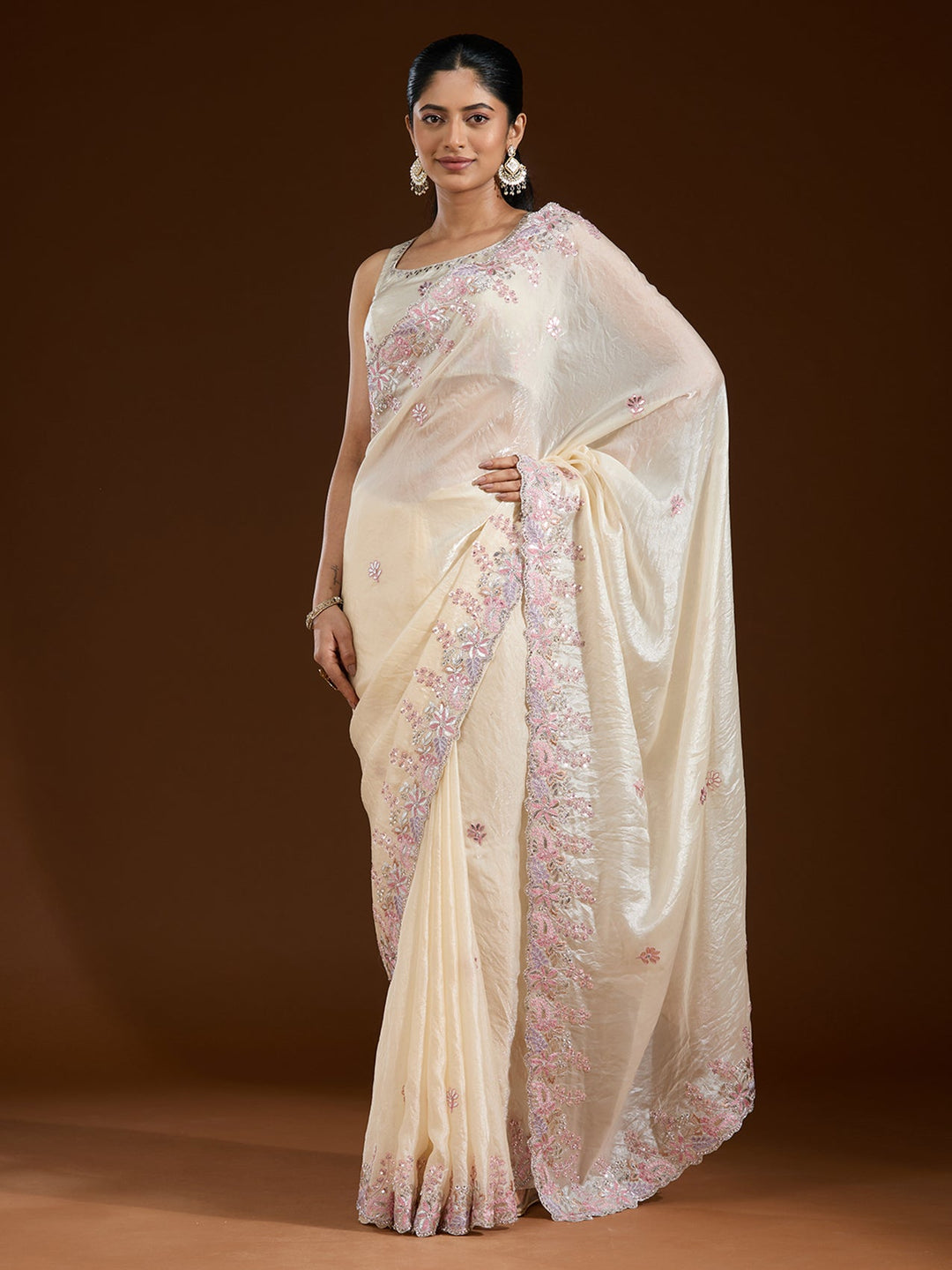 Cream Gotapatti Satin Saree-Koskii