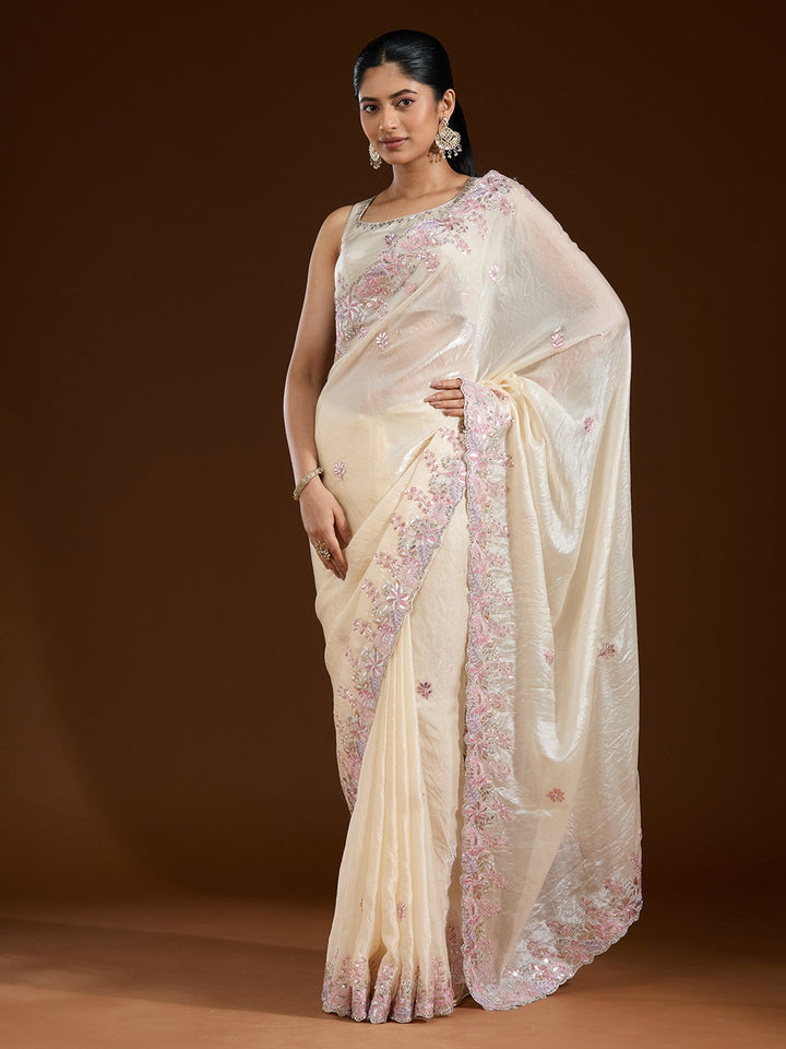 Cream Gotapatti Satin Saree-Koskii