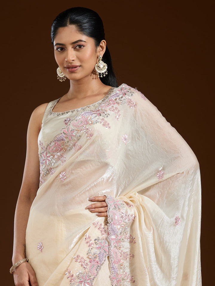 Cream Gotapatti Satin Saree-Koskii