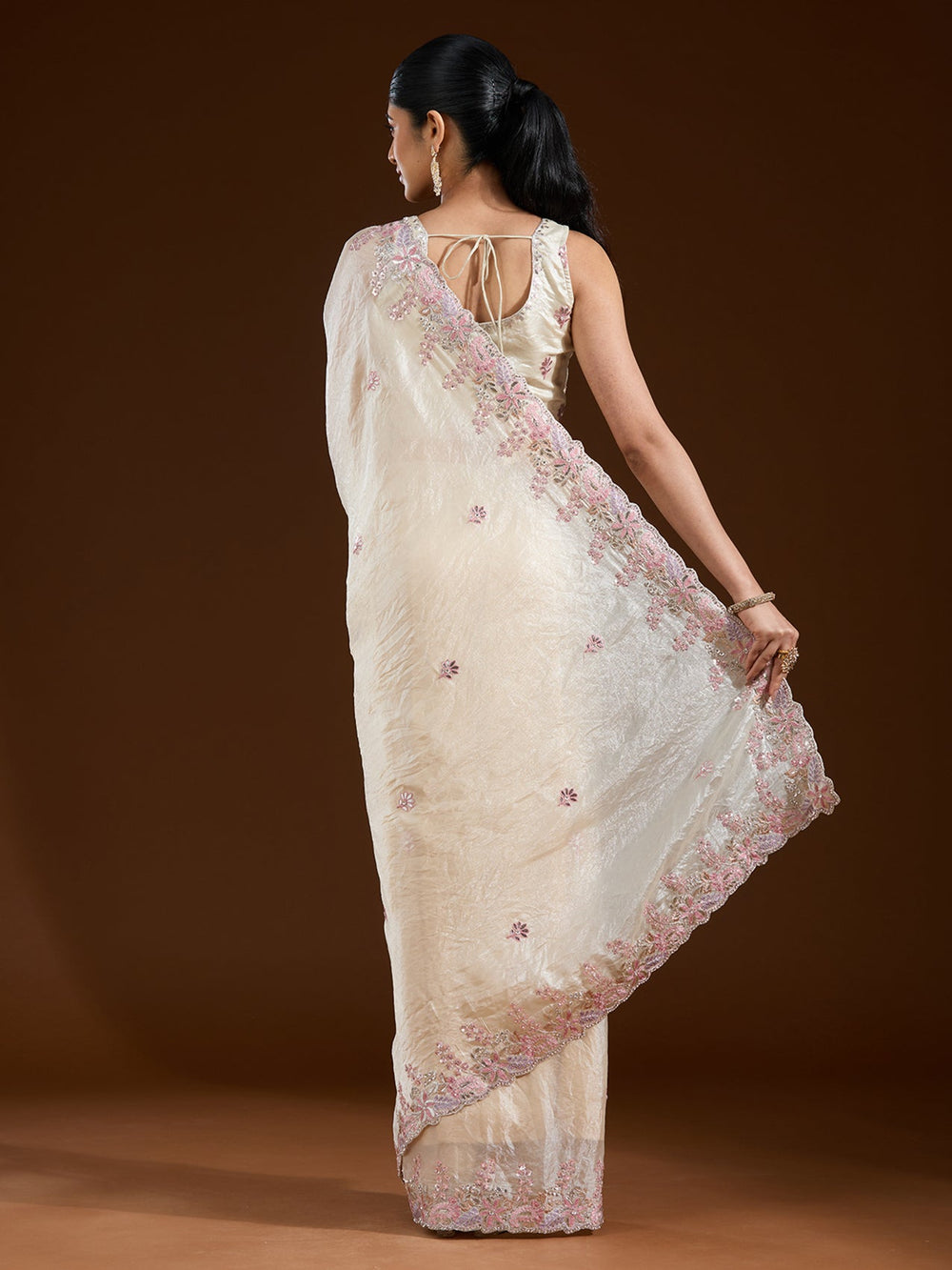 Cream Gotapatti Satin Saree-Koskii