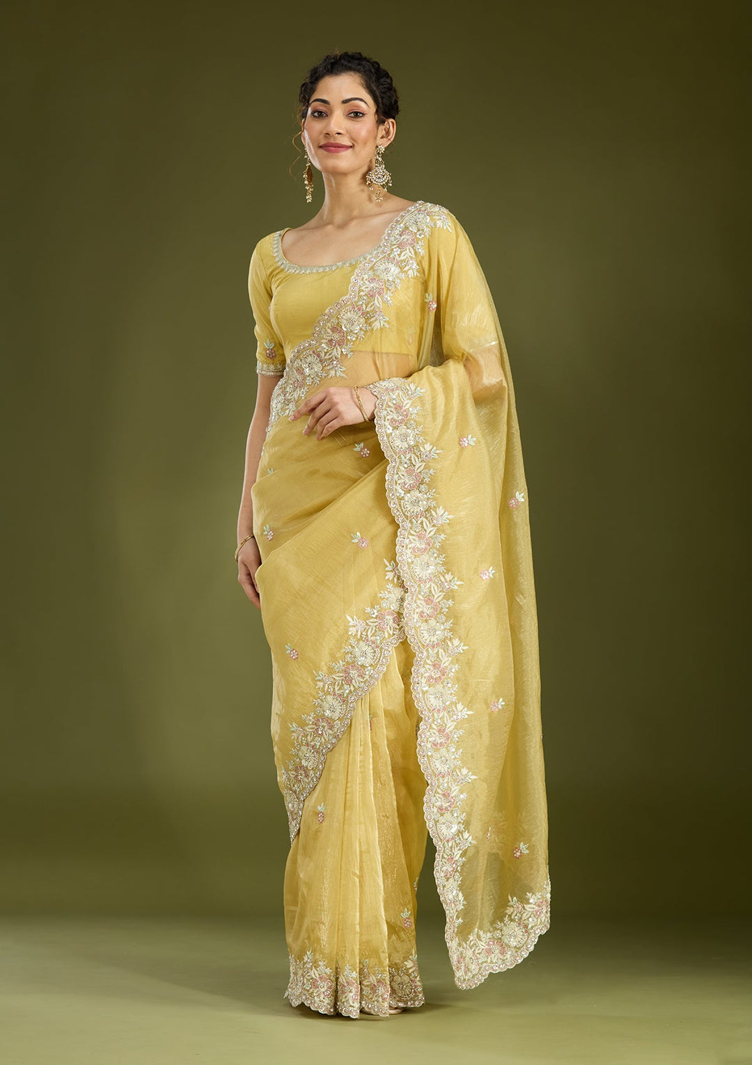 Lemon Yellow Sequins Tissue Saree
