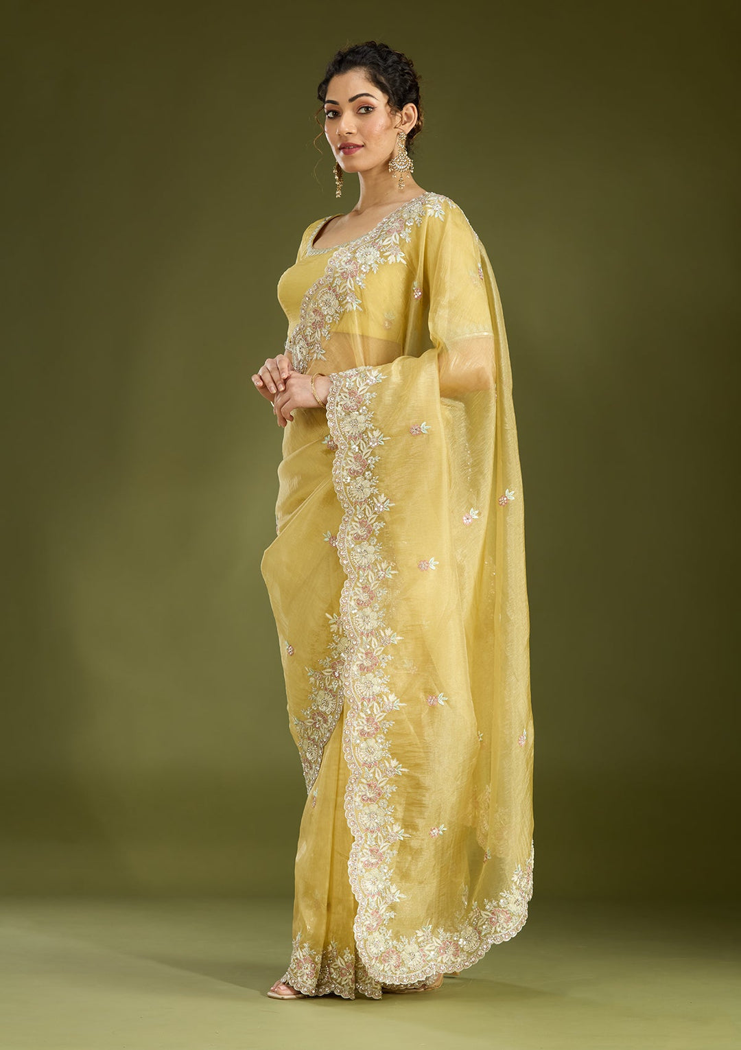 Lemon Yellow Sequins Tissue Saree