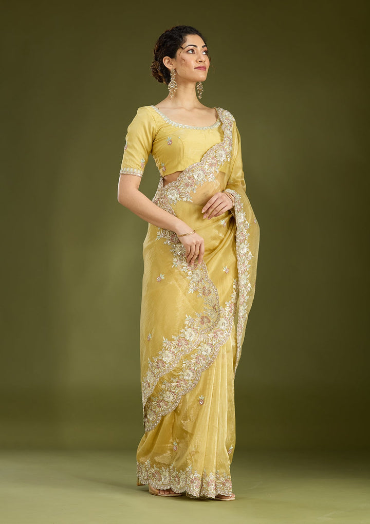 Lemon Yellow Sequins Tissue Saree