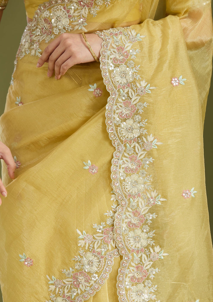 Lemon Yellow Sequins Tissue Saree