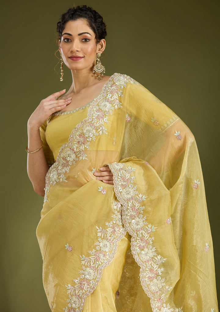 Lemon Yellow Sequins Tissue Saree