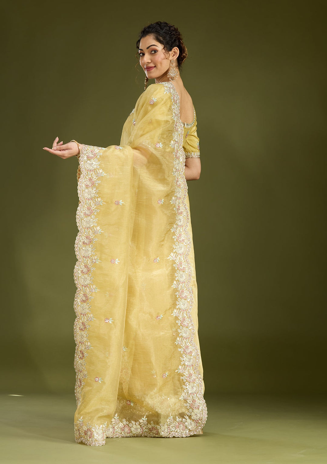 Lemon Yellow Sequins Tissue Saree