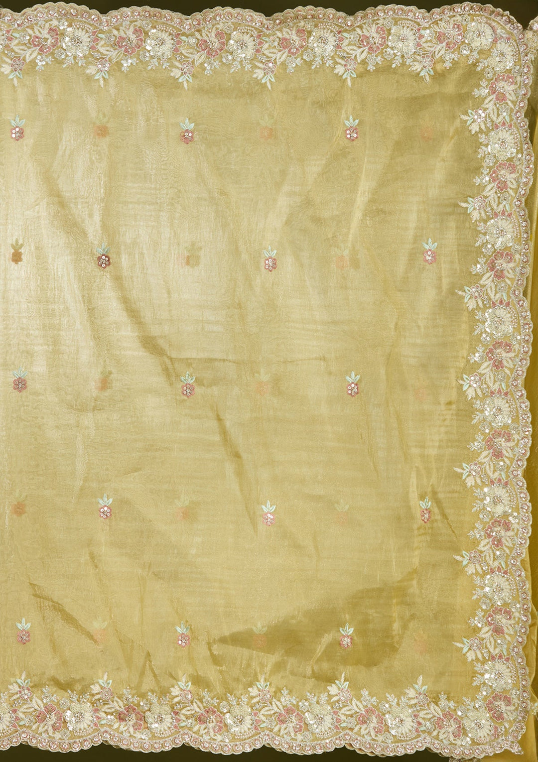 Lemon Yellow Sequins Tissue Saree