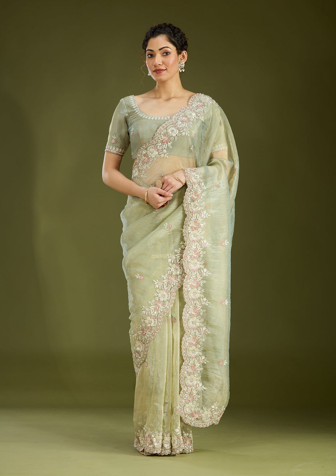 Pista Green Sequins Tissue Saree