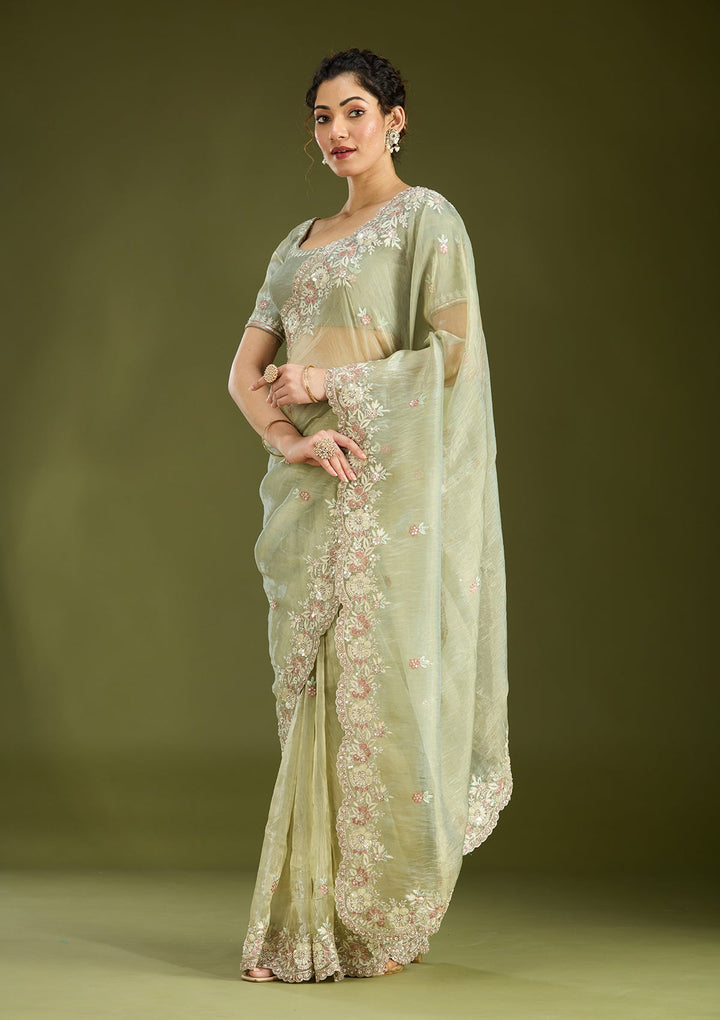 Pista Green Sequins Tissue Saree