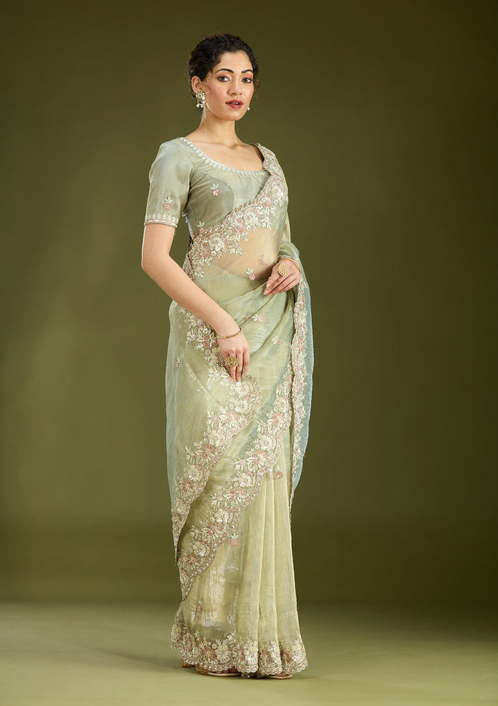 Pista Green Sequins Tissue Saree