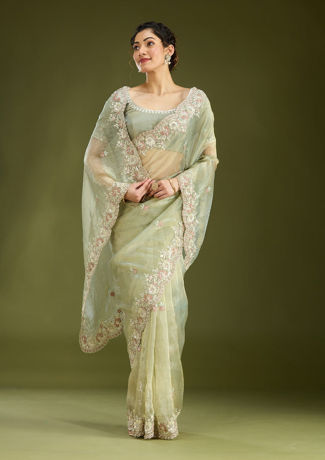Pista Green Sequins Tissue Saree