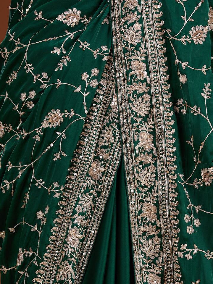 Bottle Green Aariwork Satin Saree