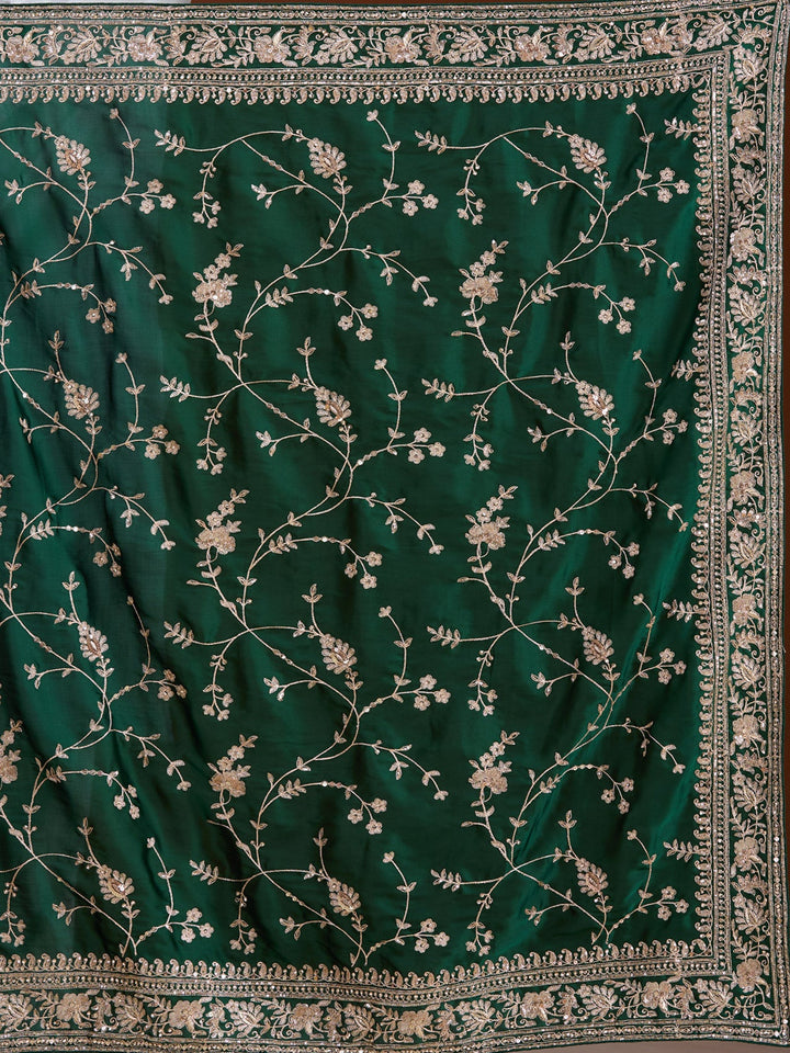 Bottle Green Aariwork Satin Saree