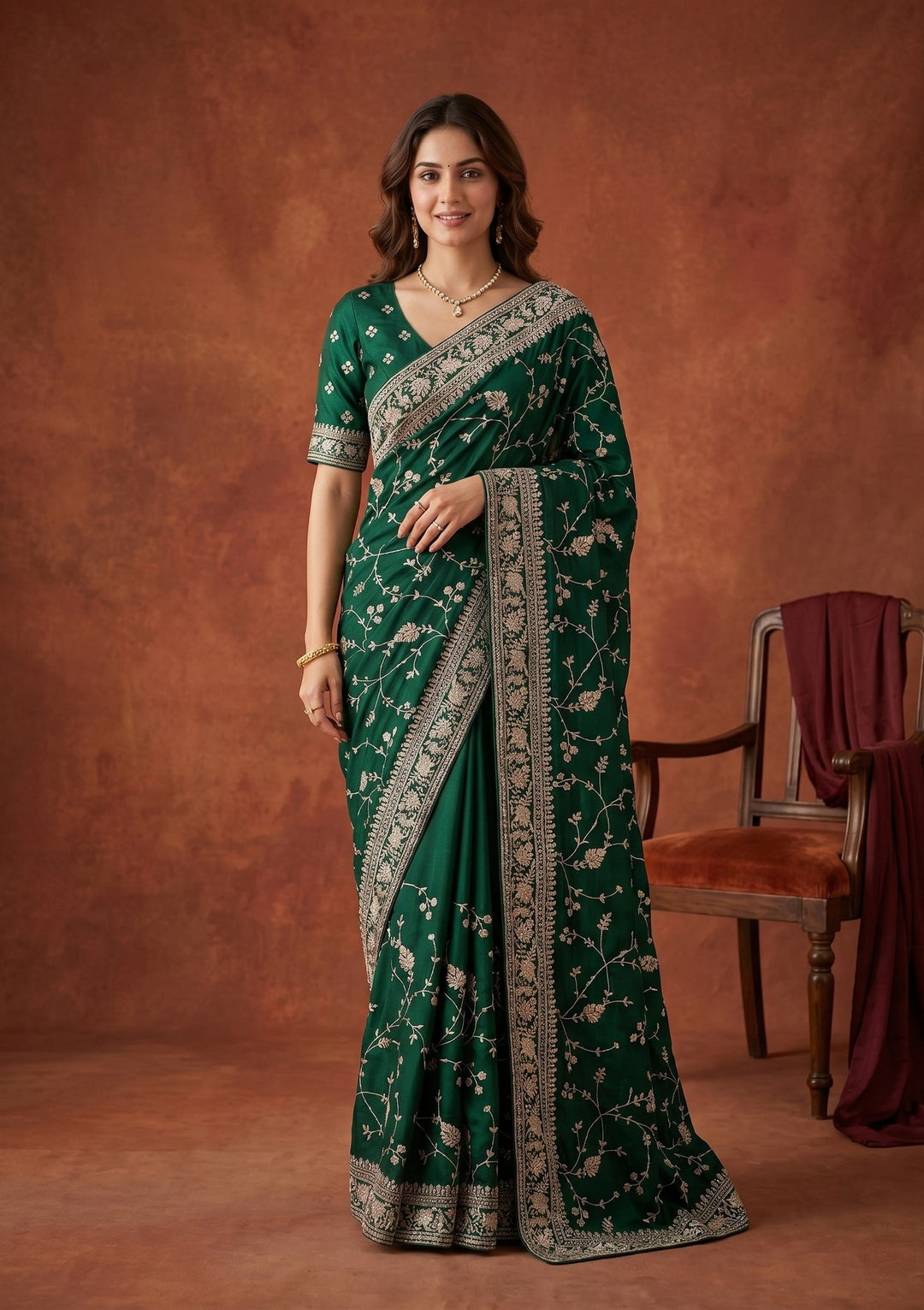 Bottle Green Aariwork Satin Saree