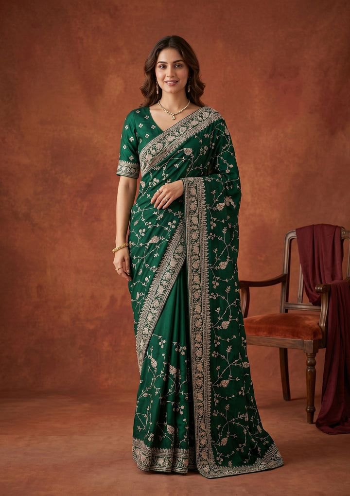 Bottle Green Aariwork Satin Saree
