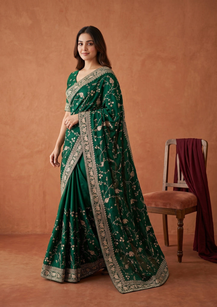 Bottle Green Aariwork Satin Saree