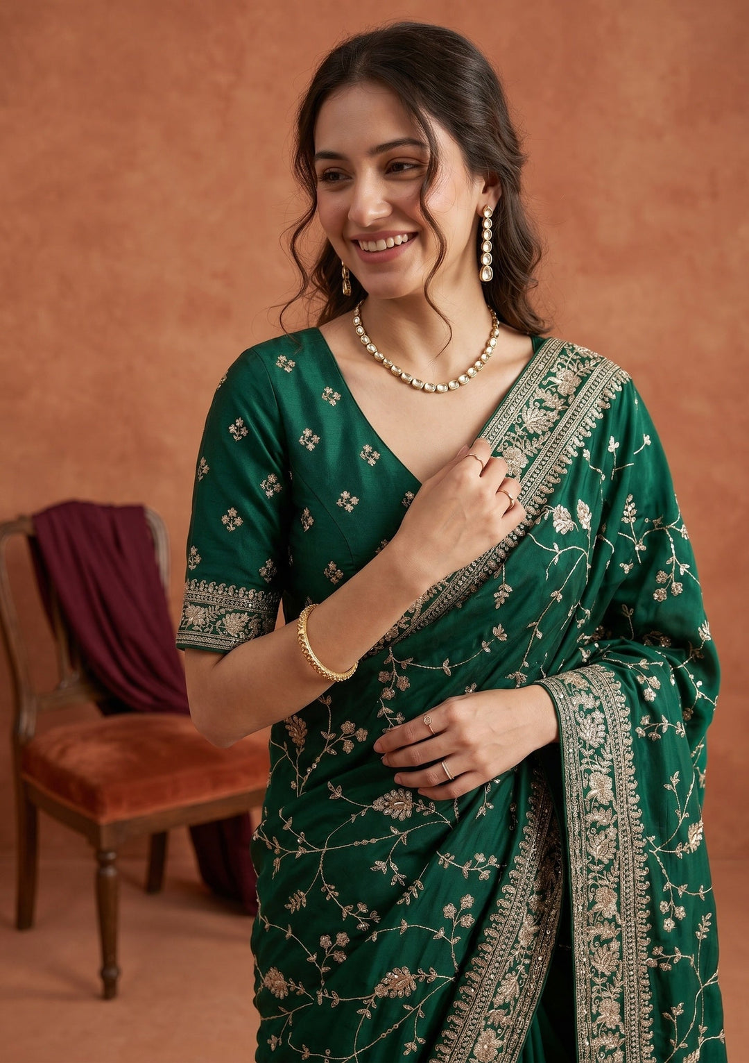 Bottle Green Aariwork Satin Saree
