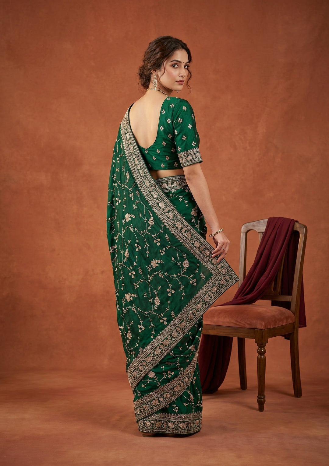 Bottle Green Aariwork Satin Saree