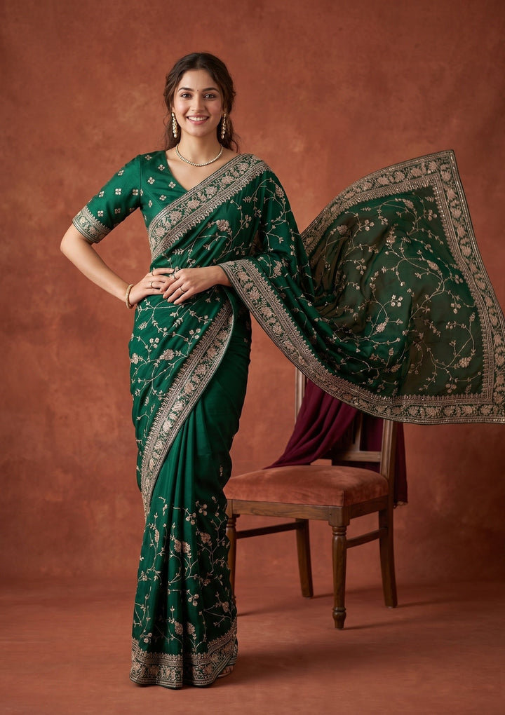 Bottle Green Aariwork Satin Saree