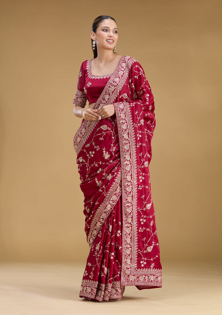 Maroon Aariwork Satin Saree