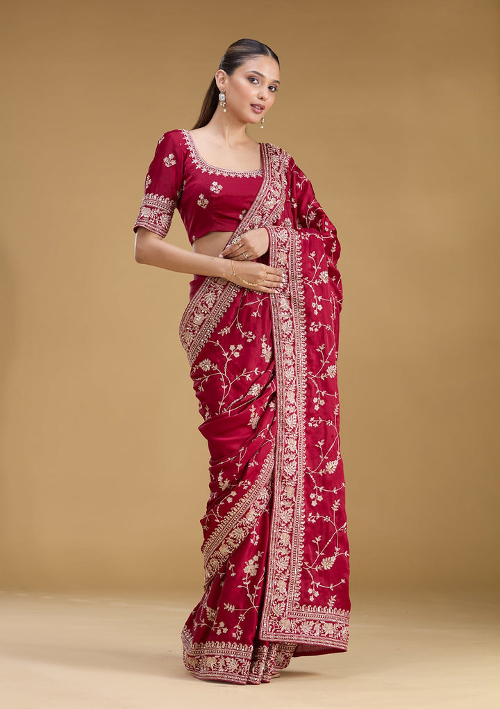 Maroon Aariwork Satin Saree