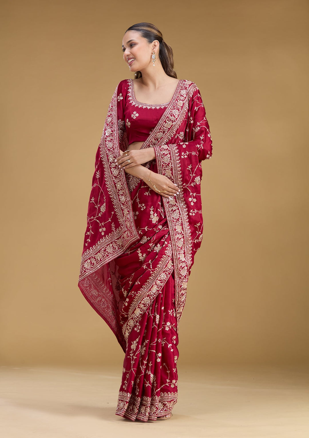 Maroon Aariwork Satin Saree