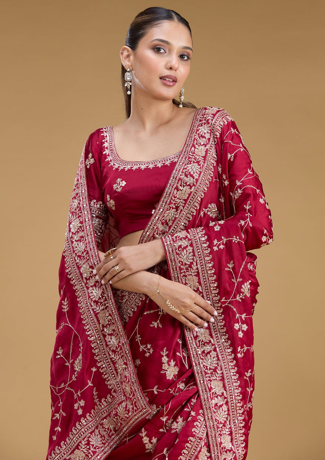 Maroon Aariwork Satin Saree