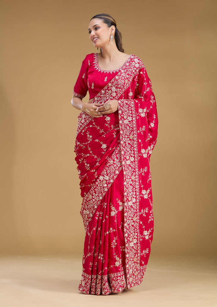 Rani Pink Aariwork Satin Saree