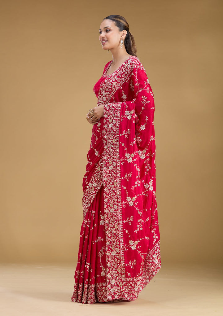 Rani Pink Aariwork Satin Saree