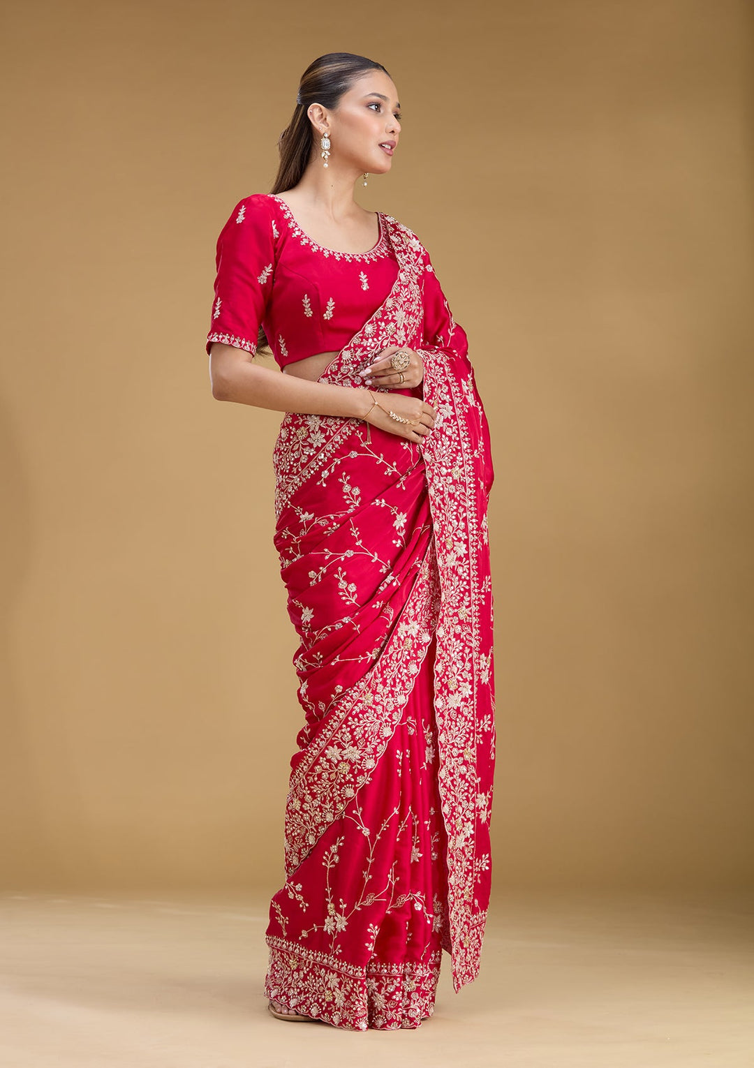 Rani Pink Aariwork Satin Saree